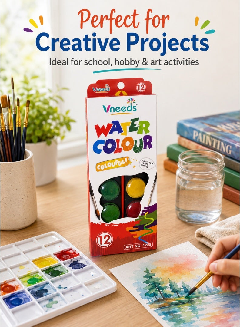 Vneeds 12-Colour Watercolour Paint Set with Brush