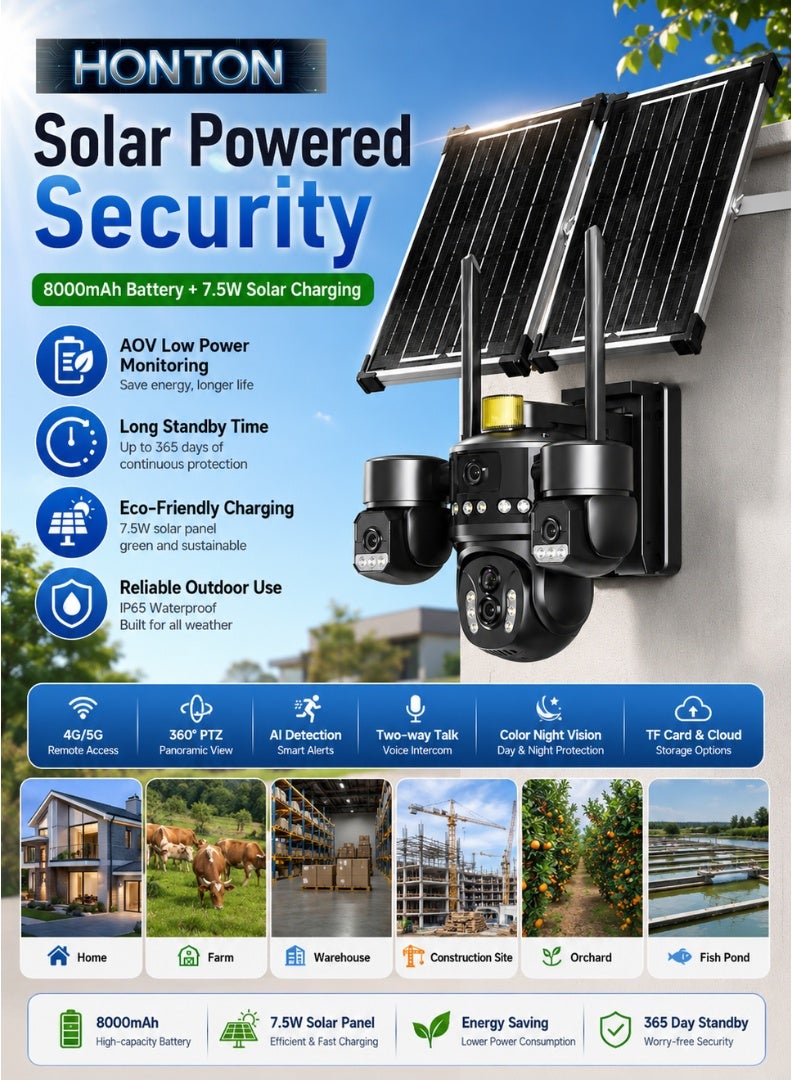 Honton 4-Lens Solar Security Camera – 12MP, 8X Zoom, 4G/5G