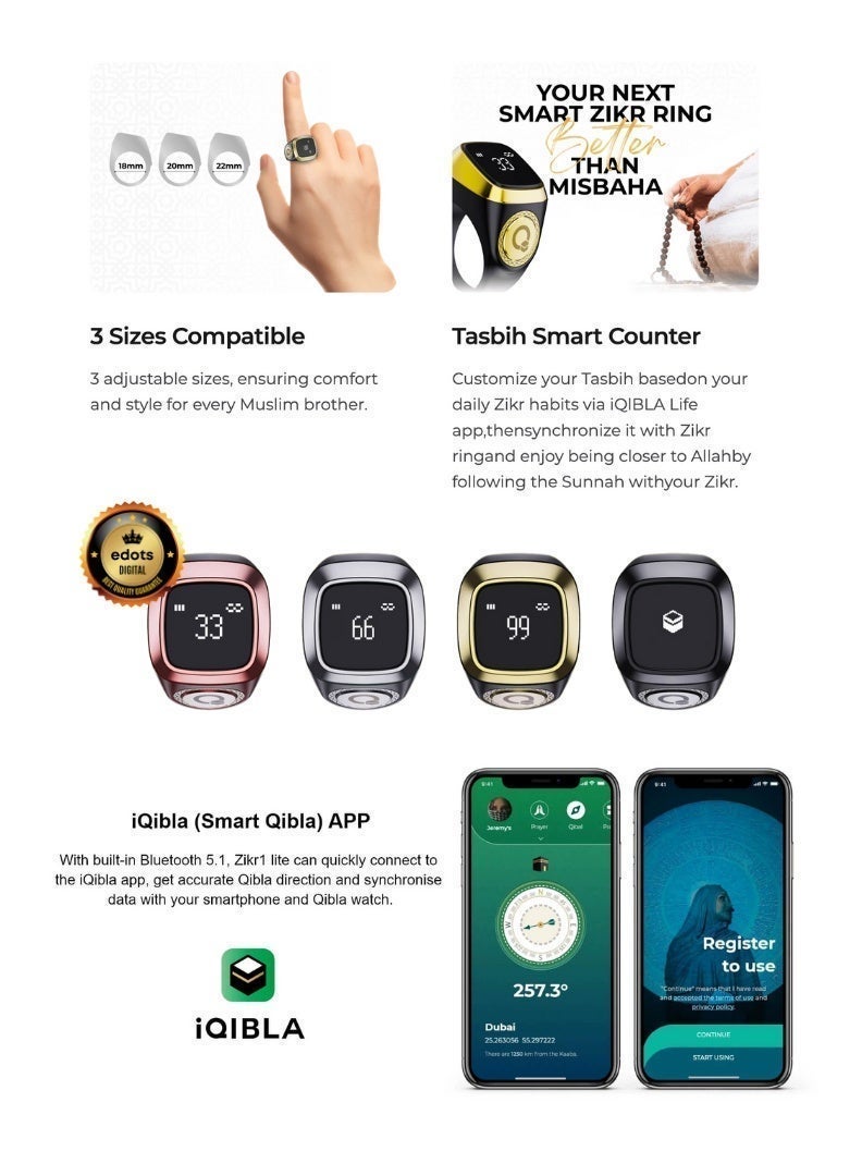 iQIBLA Smart Zikr Ring Lite S – Tasbih Counter & Prayer Reminder