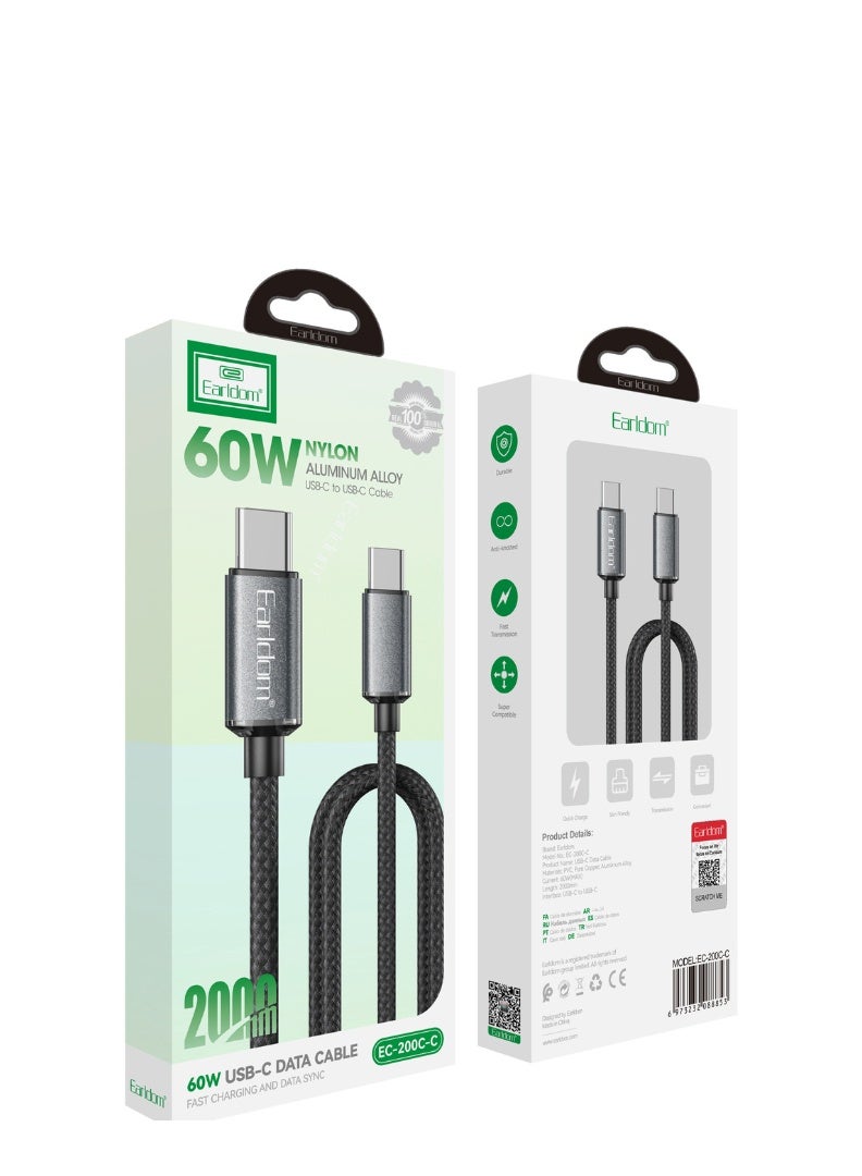 Earldom 60W USB-C to USB-C Braided Fast Charging Cable – 2m