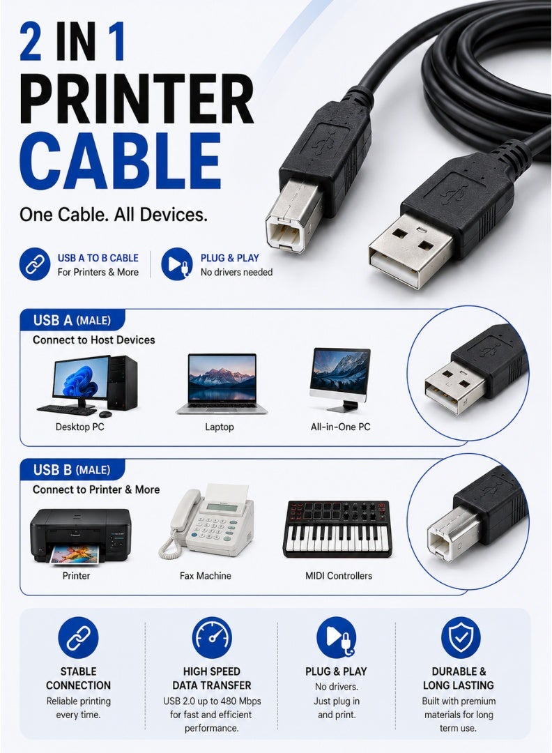 كابل طابعة USB من نوع A إلى B – 1.5 متر
