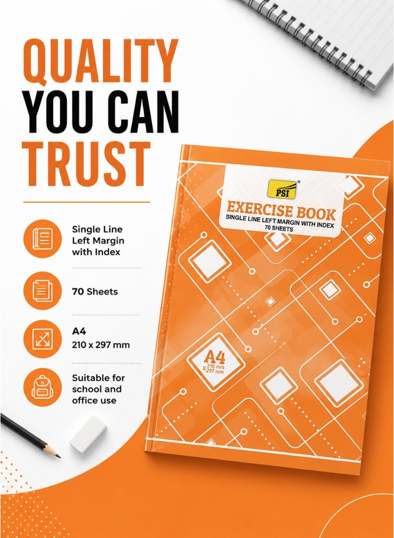 PSI A4 Exercise Book – Single Line, Left Margin, 70 Sheets