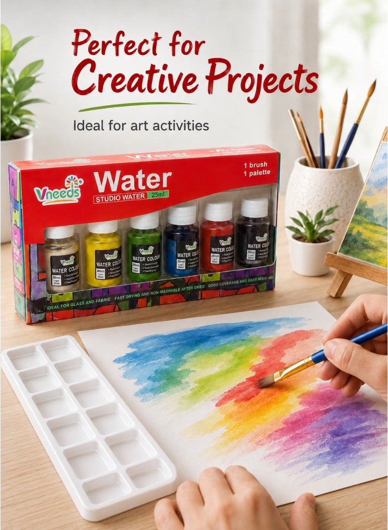 Vneeds 6-Colour Watercolour Paint Set with Brush & Palette