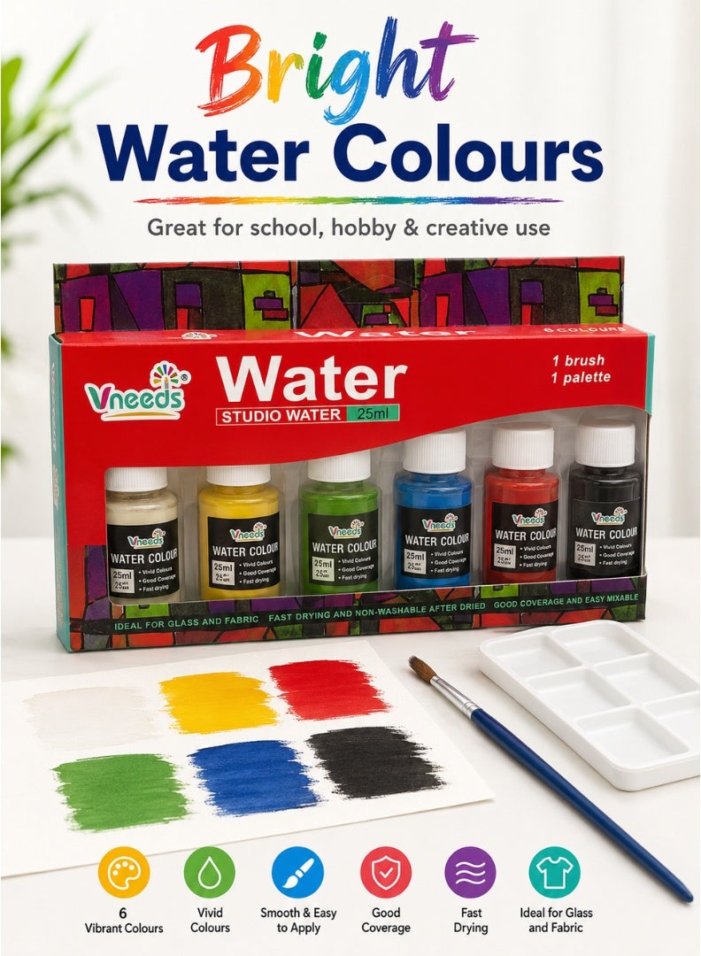 Vneeds 6-Colour Watercolour Paint Set with Brush & Palette