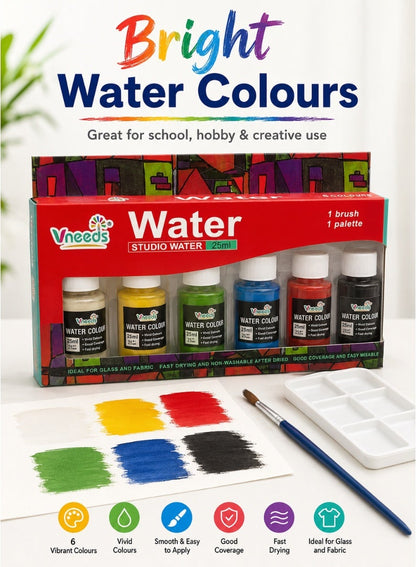 Vneeds 6-Colour Watercolour Paint Set with Brush & Palette