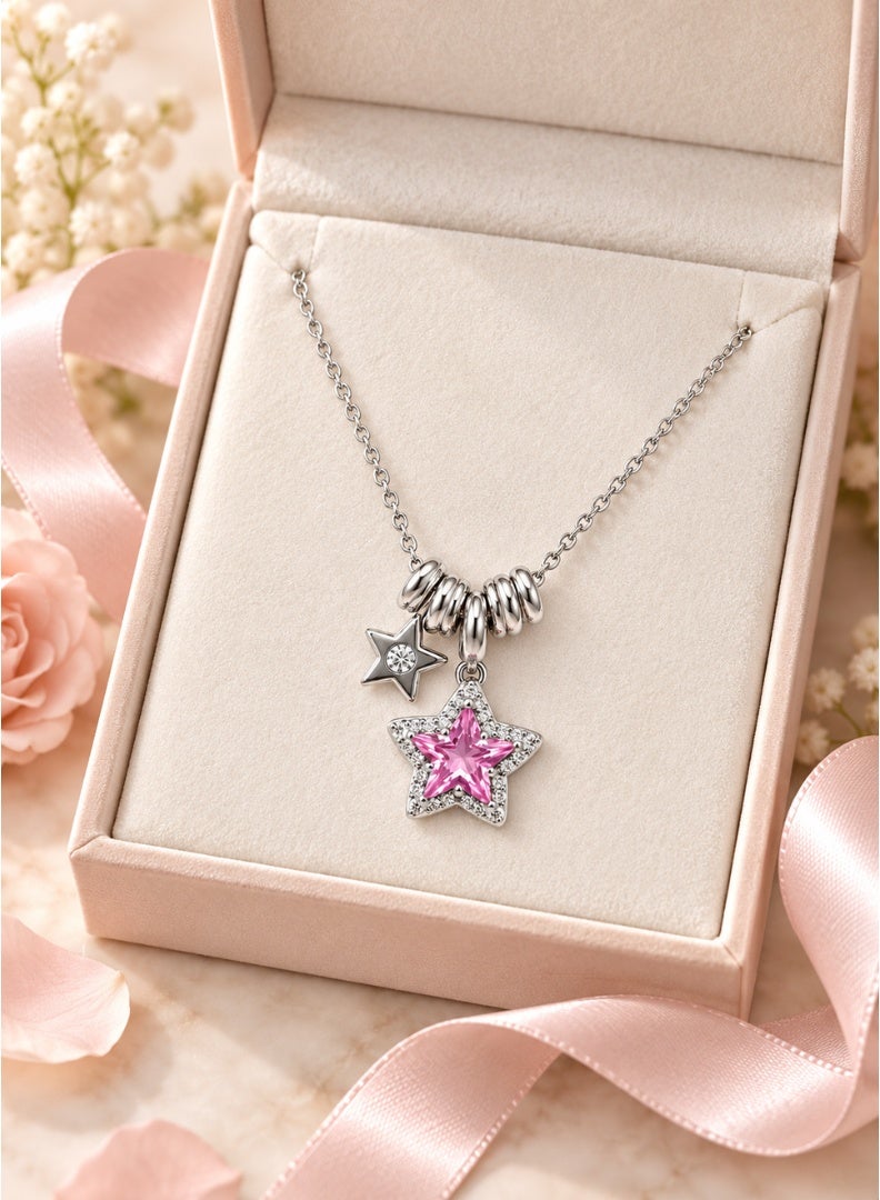 Pink Star Pendant Necklace with Stone Accents