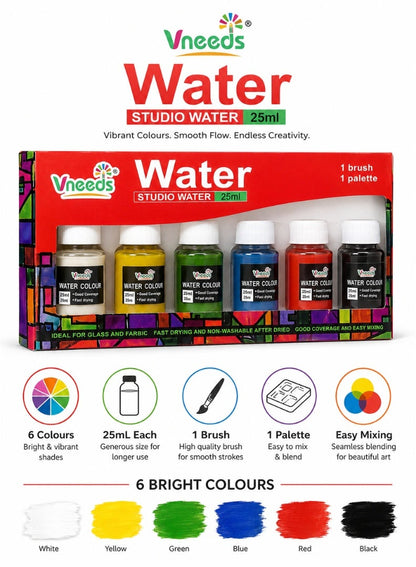 Vneeds 6-Colour Watercolour Paint Set with Brush & Palette