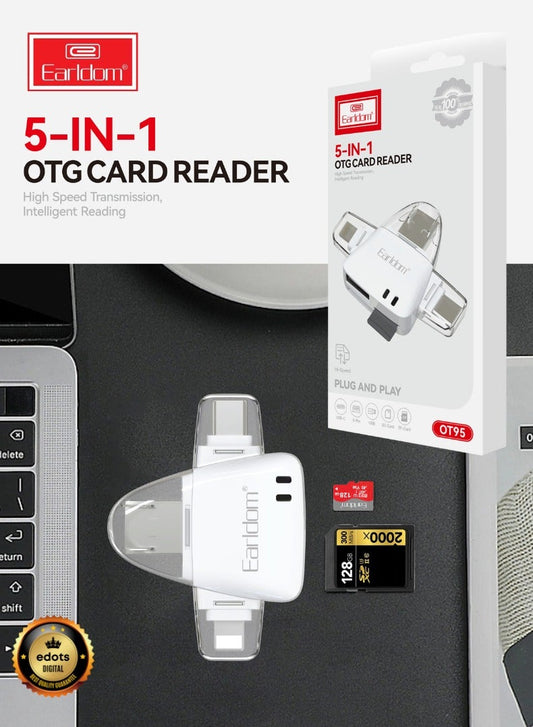 قارئ بطاقات 5 في 1 من إيرلدوم (Earldom) - يدعم USB-C، لايتنينج، USB، SD و TF
