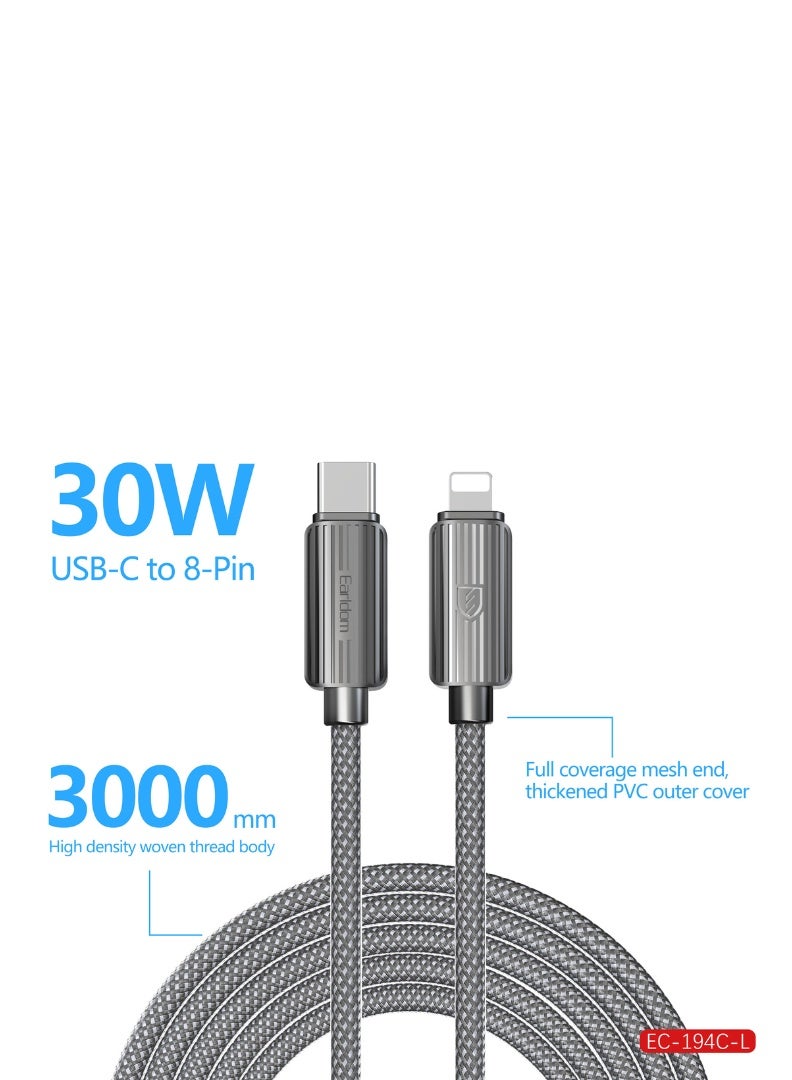 كابل "إيرلدوم" بطول 3 أمتار، من USB-C إلى Lightning، مضفر، بقوة 30 واط
