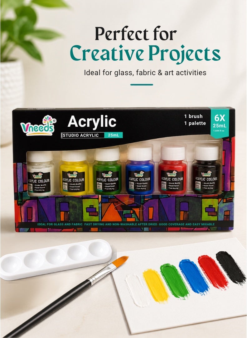 Vneeds 6-Colour Acrylic Paint Set with Brush & Palette