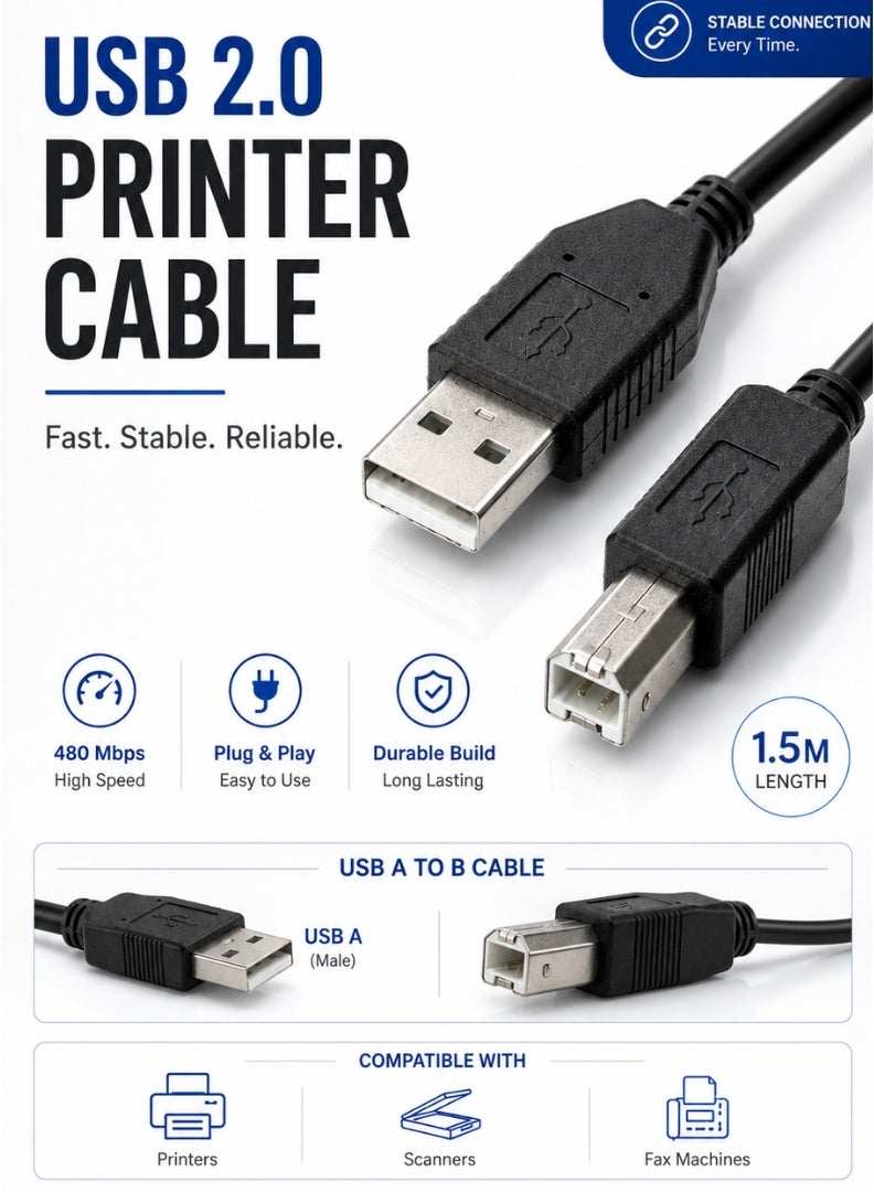 كابل طابعة USB من نوع A إلى B – 1.5 متر