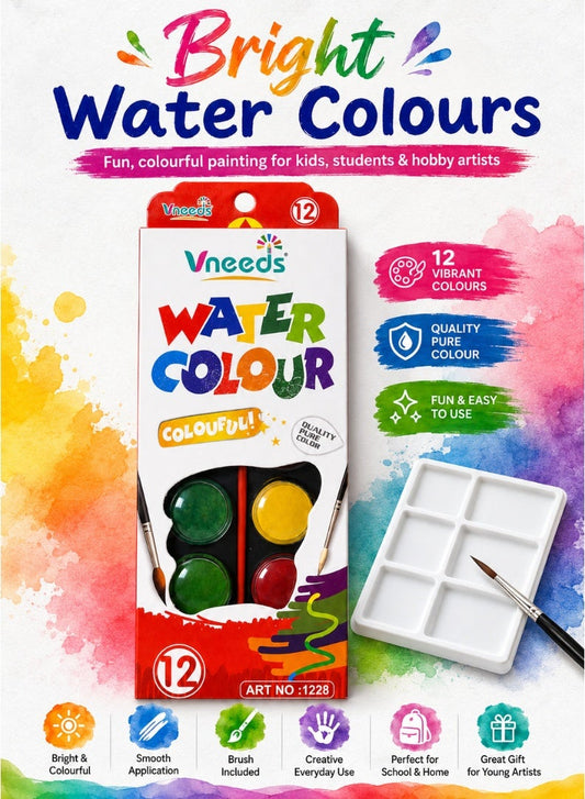 Vneeds 12-Colour Watercolour Paint Set with Brush