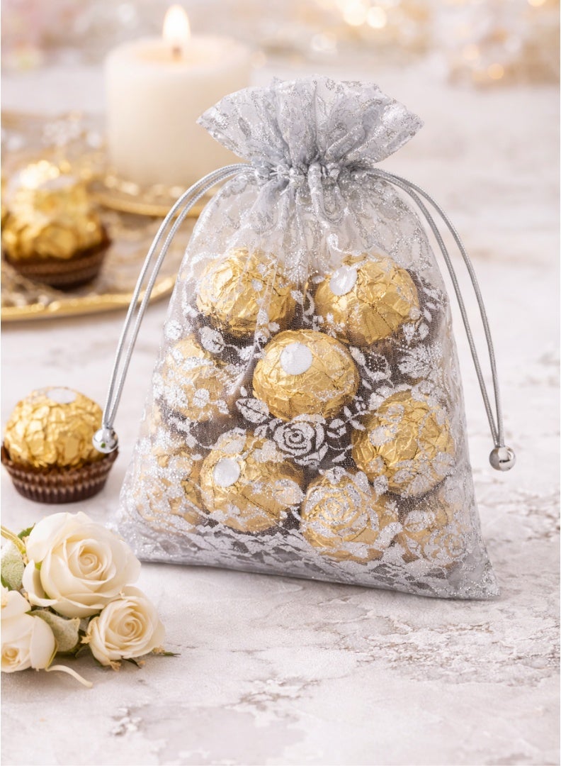 Party Time Silver Floral Drawstring Gift Bags (12 Pieces)