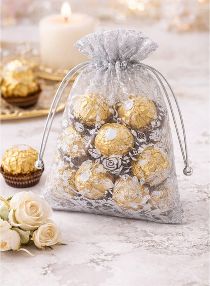 Party Time Silver Floral Drawstring Gift Bags (12 Pieces)