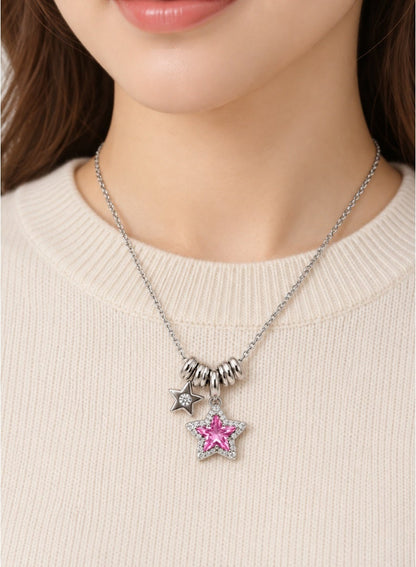 Pink Star Pendant Necklace with Stone Accents