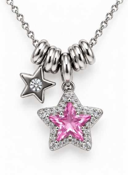 Pink Star Pendant Necklace with Stone Accents