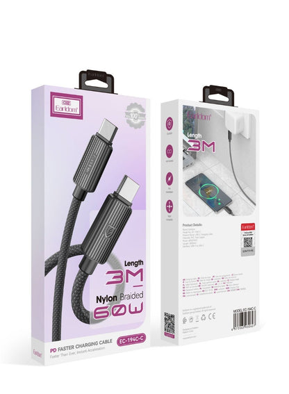 Earldom 60W USB-C to USB-C Braided Fast Charging Cable – 3m