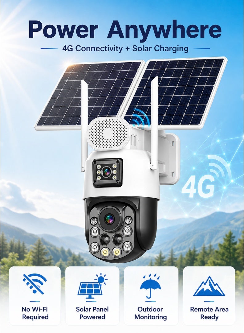 كاميرا أمنية AOV بعدسة مزدوجة، تعمل بالطاقة الشمسية وشبكة 4G، مزودة بخاصية التحريك والإمالة (PTZ) - دقة 6 ميجابكسل، تقريب 48X