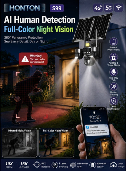 Honton 4-Lens Solar Security Camera – 12MP, 8X Zoom, 4G/5G