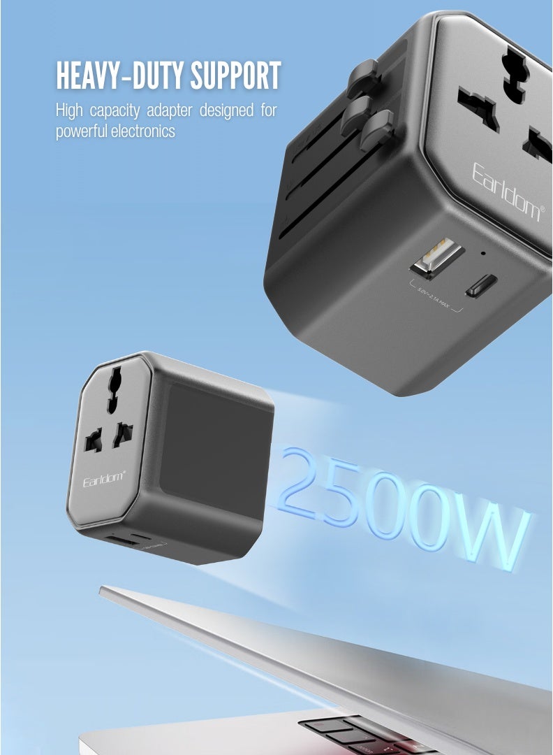 محول سفر عالمي من إيرلدوم مزود بمنفذ USB وUSB-C – بقدرة 2500 واط