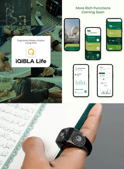 خاتم التسبيح الذكي iQIBLA المعدني – عداد تسبيح ومنبه للصلاة