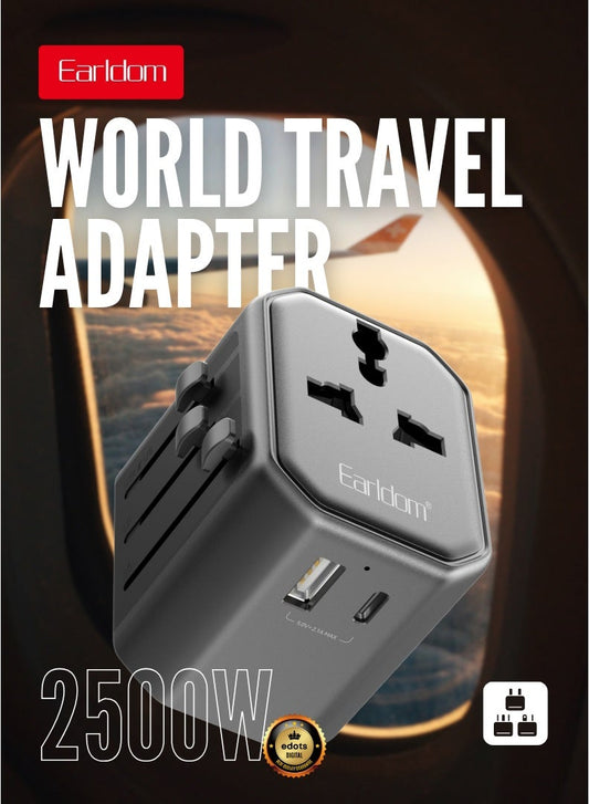 محول سفر عالمي من إيرلدوم مزود بمنفذ USB وUSB-C – بقدرة 2500 واط