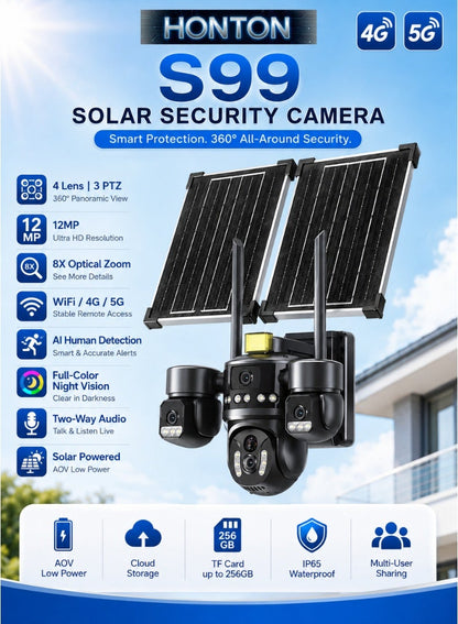 Honton 4-Lens Solar Security Camera – 12MP, 8X Zoom, 4G/5G