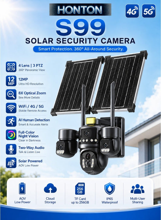 Honton 4-Lens Solar Security Camera – 12MP, 8X Zoom, 4G/5G