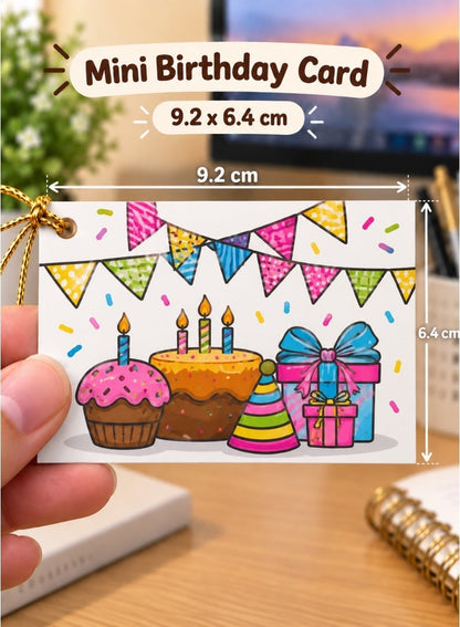 Mini Birthday Greeting Card – Cake, Cupcake & Party Hat Design