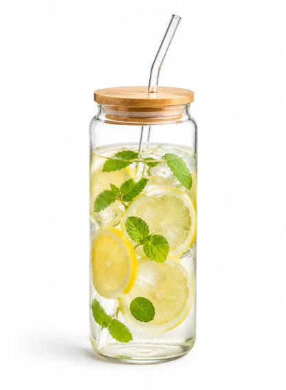 Italo Glass Drinking Jar with Bamboo Lid & Glass Straw – Tall