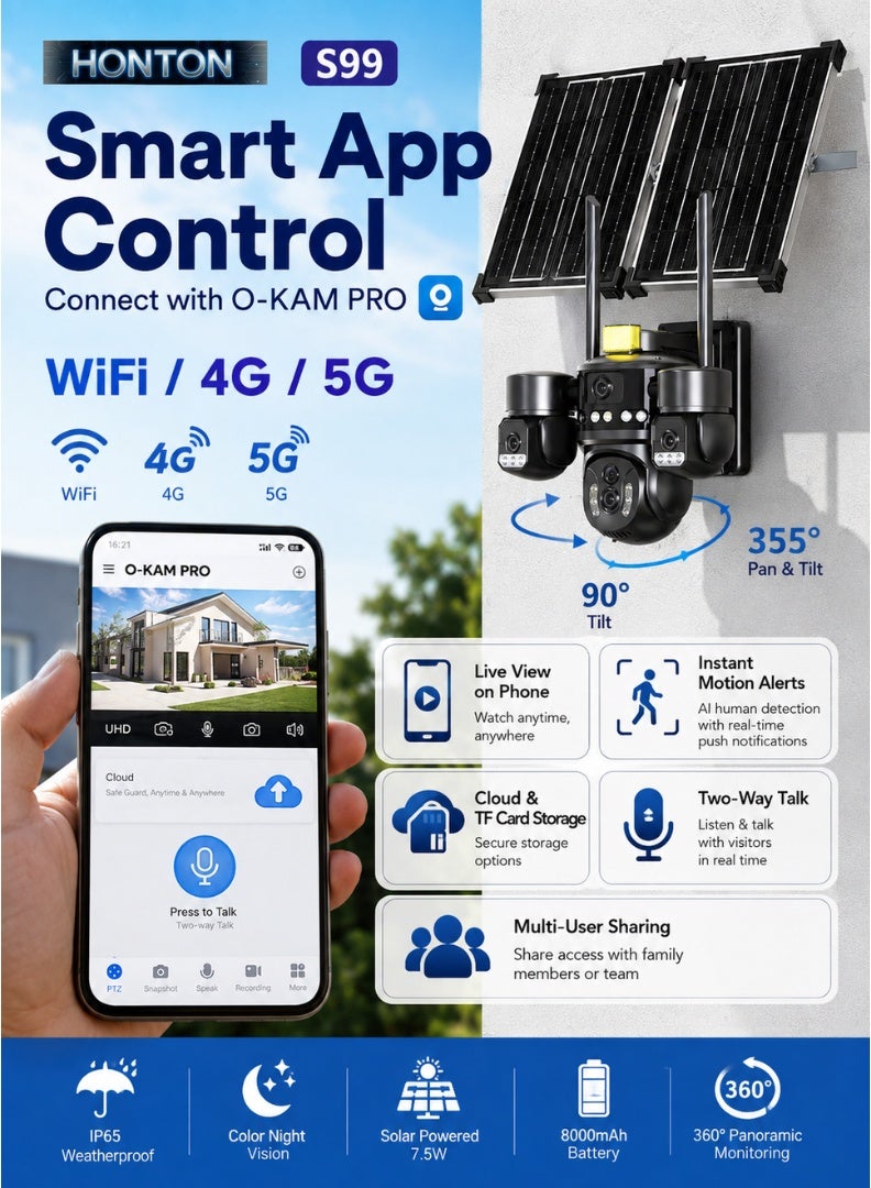 Honton 4-Lens Solar Security Camera – 12MP, 8X Zoom, 4G/5G
