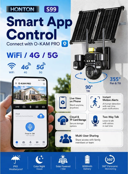 Honton 4-Lens Solar Security Camera – 12MP, 8X Zoom, 4G/5G