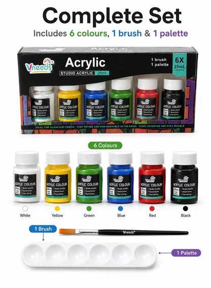 Vneeds 6-Colour Acrylic Paint Set with Brush & Palette
