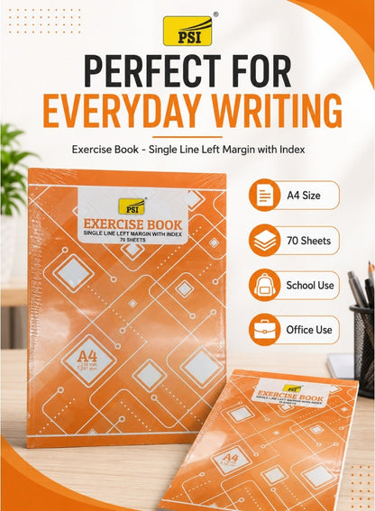 PSI A4 Exercise Book – Single Line, Left Margin, 70 Sheets