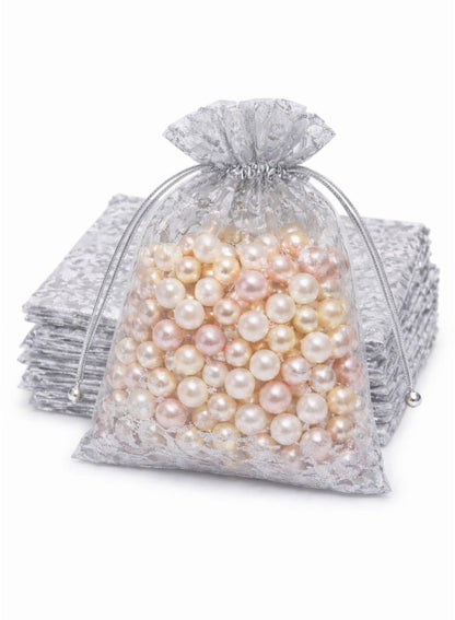 Party Time Silver Floral Drawstring Gift Bags (12 Pieces)
