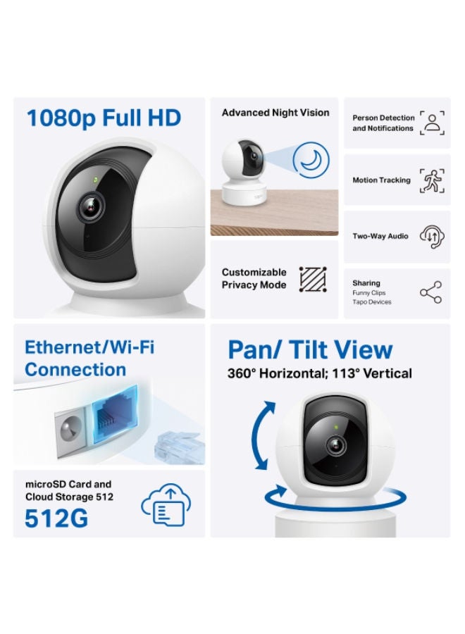 كاميرا المراقبة الداخلية TP-Link Tapo ذات خاصية التحريك والإمالة – دقة 1080p، صوت ثنائي الاتجاه