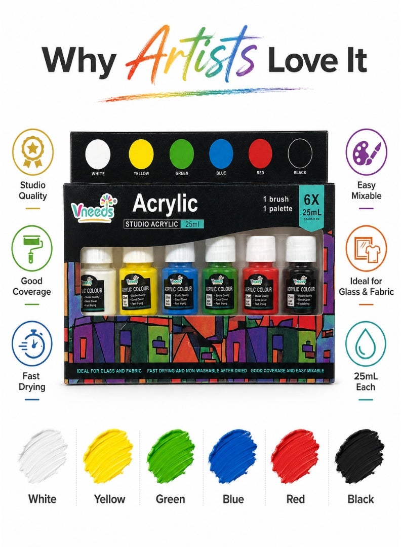 Vneeds 6-Colour Acrylic Paint Set with Brush & Palette