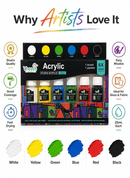 Vneeds 6-Colour Acrylic Paint Set with Brush & Palette