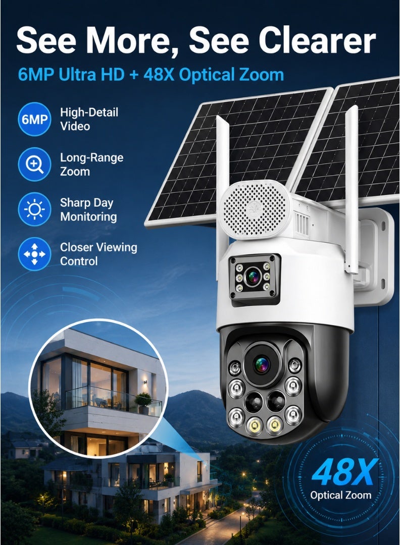 كاميرا أمنية AOV بعدسة مزدوجة، تعمل بالطاقة الشمسية وشبكة 4G، مزودة بخاصية التحريك والإمالة (PTZ) - دقة 6 ميجابكسل، تقريب 48X