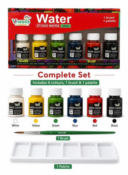 Vneeds 6-Colour Watercolour Paint Set with Brush & Palette