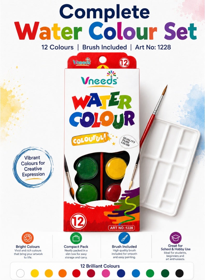 Vneeds 12-Colour Watercolour Paint Set with Brush