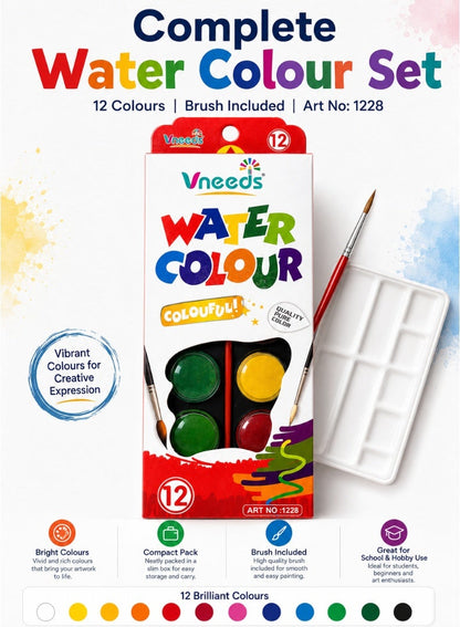 Vneeds 12-Colour Watercolour Paint Set with Brush