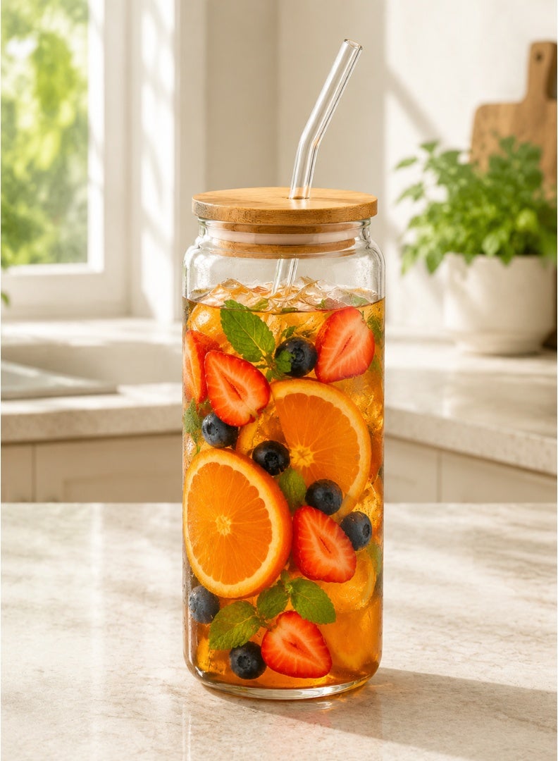 Italo Glass Drinking Jar with Bamboo Lid & Glass Straw – Tall