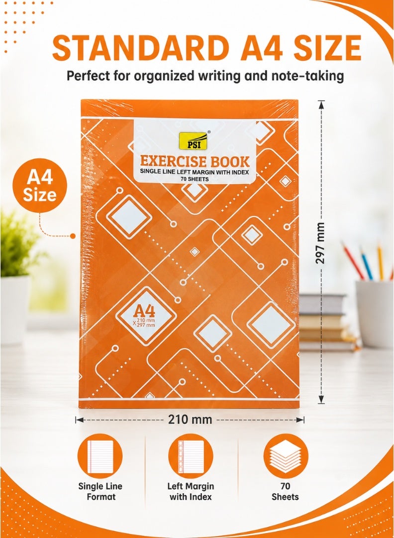 PSI A4 Exercise Book – Single Line, Left Margin, 70 Sheets