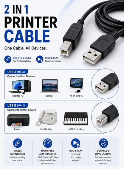 كابل طابعة USB من نوع A إلى B – 1.5 متر