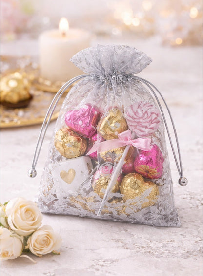 Party Time Silver Floral Drawstring Gift Bags (12 Pieces)