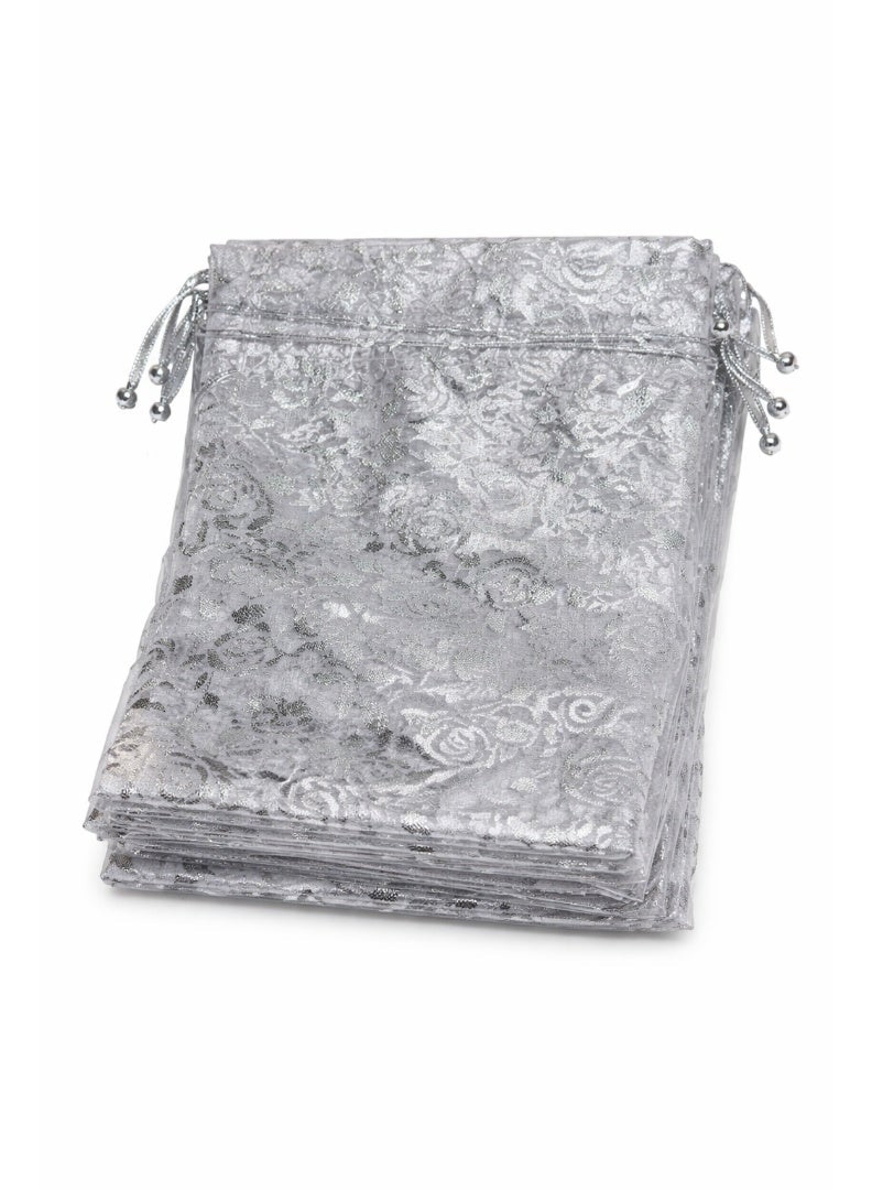 Party Time Silver Floral Drawstring Gift Bags (12 Pieces)