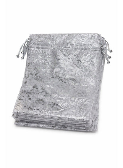 Party Time Silver Floral Drawstring Gift Bags (12 Pieces)
