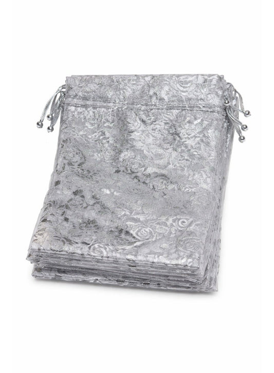 Party Time Silver Floral Drawstring Gift Bags (12 Pieces)