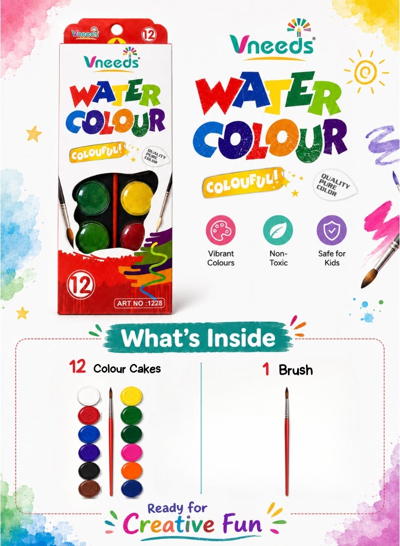 Vneeds 12-Colour Watercolour Paint Set with Brush